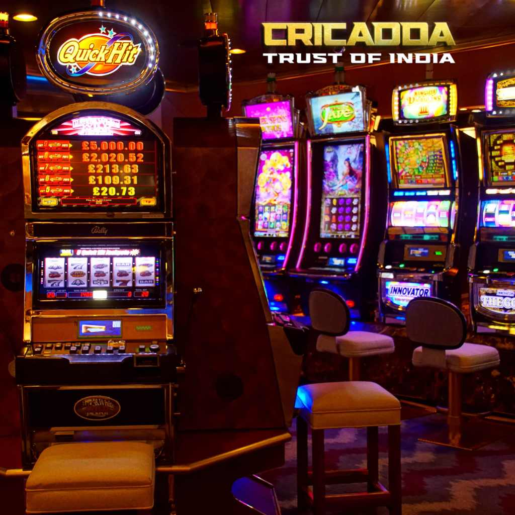 Casino background with gaming machines, representing vibrant slot and table game experiences on CricAddaID.